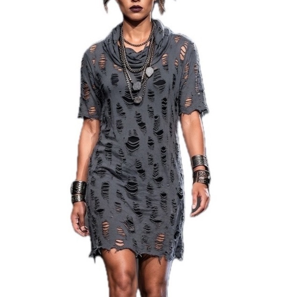 Von Ray Designs Rare Gray‎ Distressed Shredded Cowl Neck T-Shirt Dress Womens XL